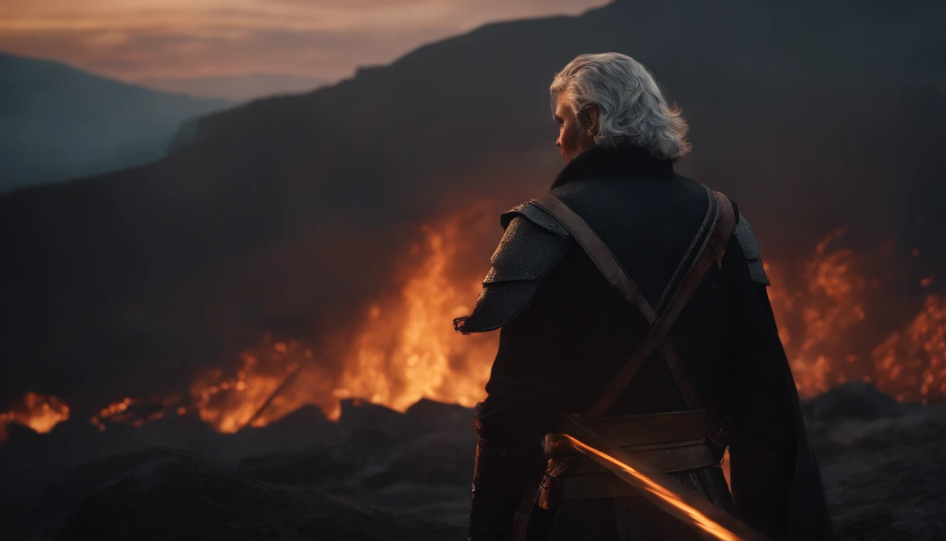 A handsome young warrior with medium silver hair looking at the burning fiefdom, ruas em sangue, Planting Flames, reddish sky, total destruction, Dark setting, ultra-realistic, Estilo de desenho Guweiz, Landscape, 8k, inverno, Dramatic Particles, melhor qu...