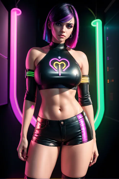 there is a woman standing with a rainbow light, 3 d neon art of a womans body, neon-noir background, cyberpunk femme fatale, seductive cyberpunk dark fantasy, ((tight shorts:1.4)), cyberpunk strip clubs, cyberpunk 20 y. o model girl, oppai cyberpunk, banne...