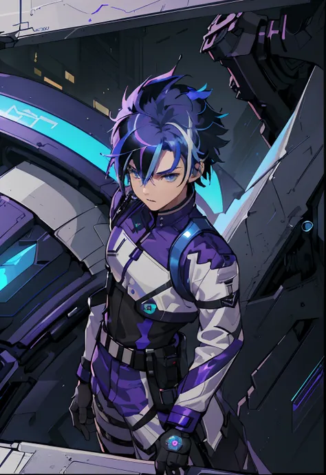 (best quality, high resolution, hyper detailed, 4k, masterpiece), original character, 1 boy, (short blue hair, streaked purple hair, futuristic combat uniform, detailed light blue eyes), cyberpunk, stylish