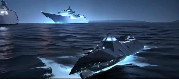 arafed boat in the water with a light on it, rendering of checkmate, realistic warship design, concept boat, realistic military destroyer, 5th gen fighter, sharp render, sulaco star destroyer drop ship, lockheed concept art, stardestroyer in the background...