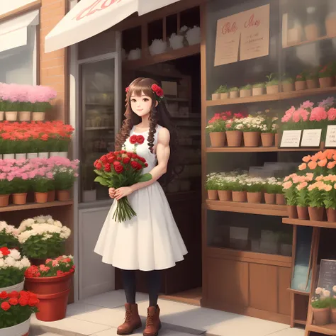 Cute muscular girl with curlly long hairs standing in the front of a flower shop holding a red rose