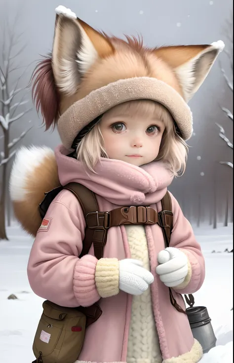 Painting by Jean-Baptiste Monge depicting a little shaggy fox girl, Dressed in warm knitted pink air dress with rescue gear on winter day with snow, , jean - baptiste monge, anthropomorphic --ar 2:3 --testp -optimistic;