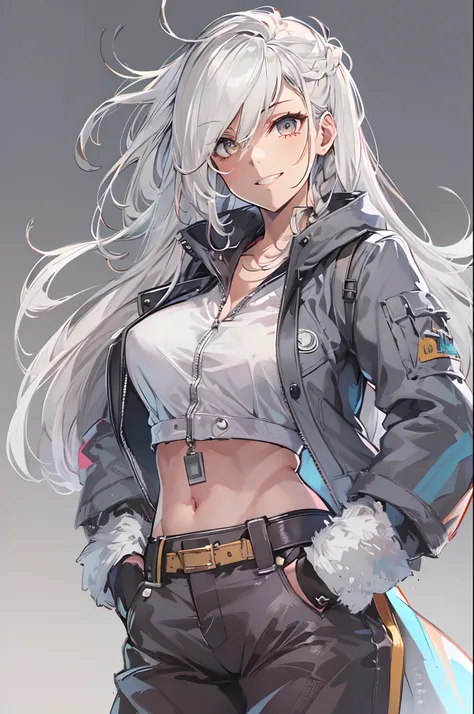 1girl, {solo}, upper body ,{{ {looking at viewer}}}, arm at side, concept art, white background, simple background, white hair, silver gradiient hair , complex cloth, asymmetrical clothes, virtual youtuber, best quality, masterpiece, dynamic angle, guilty ...