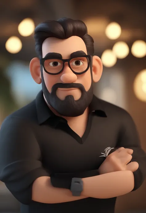 Cartoon character of a man with black glasses and a black polo shirt, cabelo liso, With beard and old school tattoo on his arm, animation character, Caractere estilizado, animation style rendering, 3D estilizado, Arnold Maya render, 3 d render stylized, to...