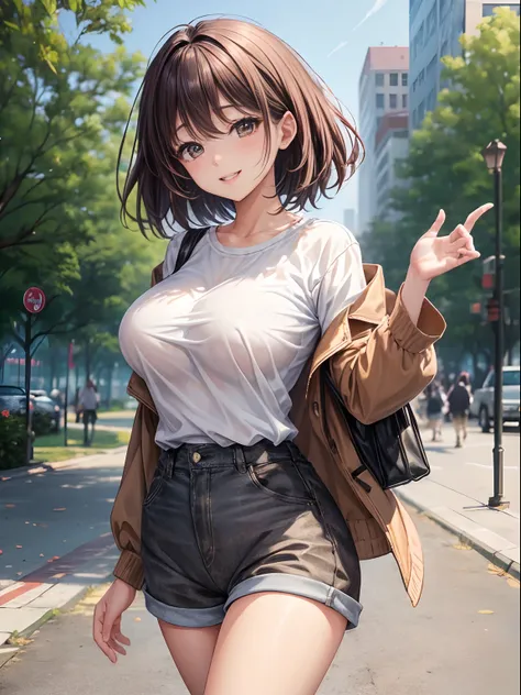 top-quality、Full limbs、complete fingers、1girl in、((one beautiful women、独奏))、Beautiful Large Breasts、Medium hair、Straight black hair、Brown jacket、White shirt、shortpants、Brown pantyhose、Naughty Poses、A big smile、a park