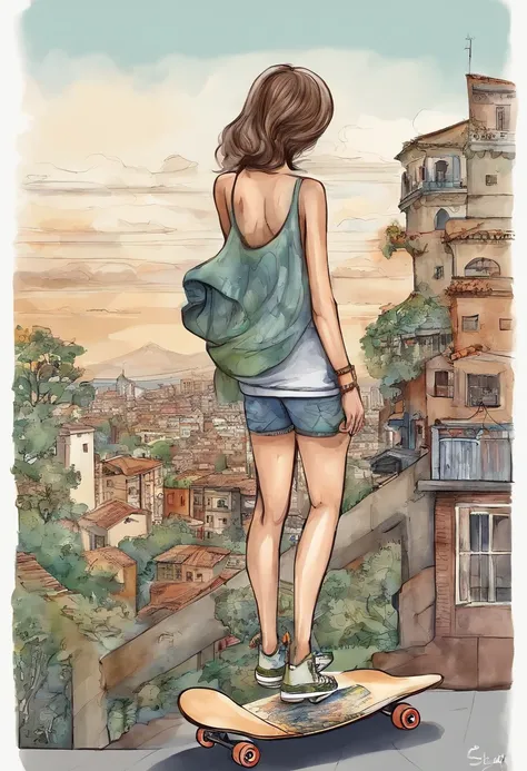 A girl is on a skateboard，Voe no ar，overlooking the city of Sao Paulo ，There are clues around the city。Apresenta uma perspectiva olho de minhoca，Based on the works of Eiichiro Nakaoda from the weekly shōnen《one piece》The cover art style is style。