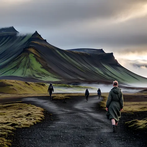 People walk on mountain trails，Cloudy sky in the background, iceland photography, iceland hills in the background, iceland, iceland landscape, iceland landscape photography, an icelandic landscape, sci-fi of iceland landscape, iceland landscape, walking ab...