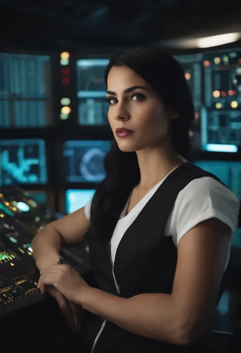 Technician dressed as a black-haired young woman with a serious expression, the background is a large scientific observatory with many large screens and staff