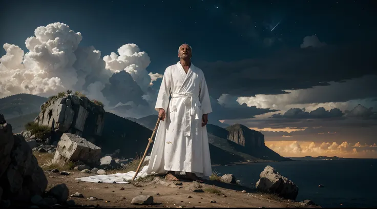 apostle john(old man in white robes,poor,messy),looking up to the dark sky,he witness the vision from God(very bright,with fire and thunders)he is on top mountain of an island