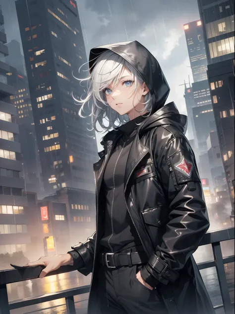 ((masterpiece)), (((best quality))), ((disheveled hair)),(1man)，solo, black footwear，black gloves ，black pants, blood on clothes，black coat，building，bulletproof vest，A broken building, city，cityscape，cloud，cloudy sky，coat，corpse，gloves，grey coat，hood，hood ...