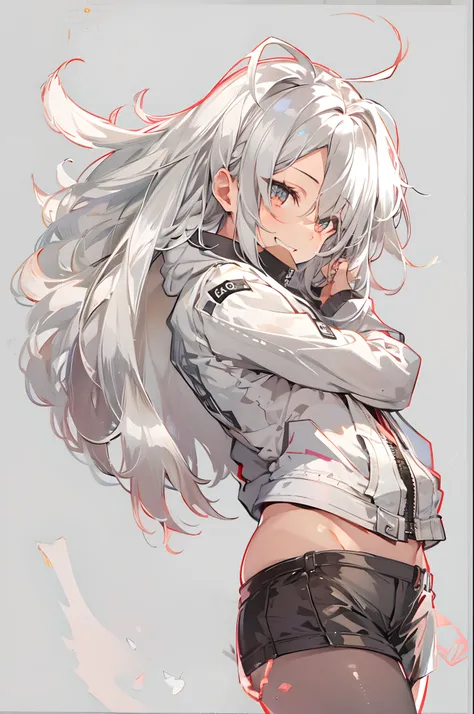 1girl, {solo}, upper body ,{{ {looking at viewer}}}, arm at side, concept art, white background, simple background, white hair, silver gradiient hair , complex cloth, asymmetrical clothes, virtual youtuber, best quality, masterpiece, dynamic angle, guilty ...