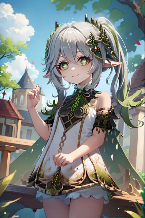 ((masterpiece)),(((bestquality))),((ultra-detailed)),1girl, solo, (cute girl), ((nahida-genhin)), barefoot, standing, building, smile, floating hair, (green hair), green eyes, dutch angle, closed mouth, looking away, outdoors