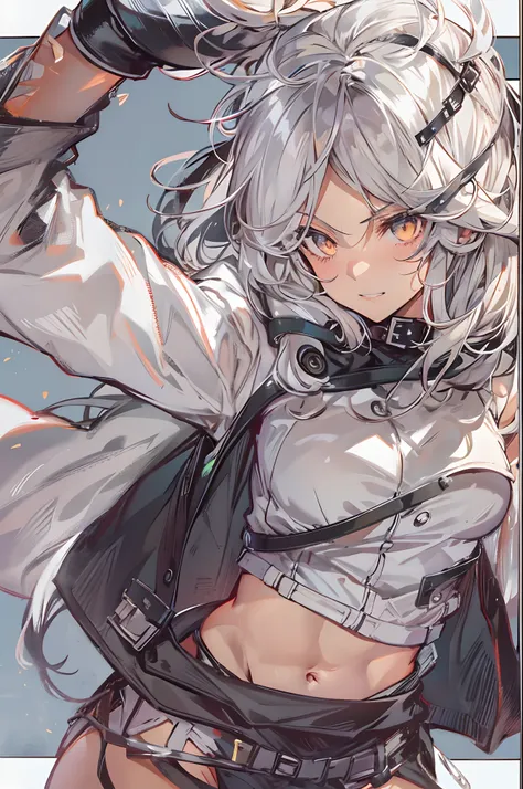 1girl, {solo}, upper body ,{{ {looking at viewer}}}, arm at side, concept art, white background, simple background, white hair, silver gradiient hair , complex cloth, asymmetrical clothes, virtual youtuber, best quality, masterpiece, dynamic angle, guilty ...