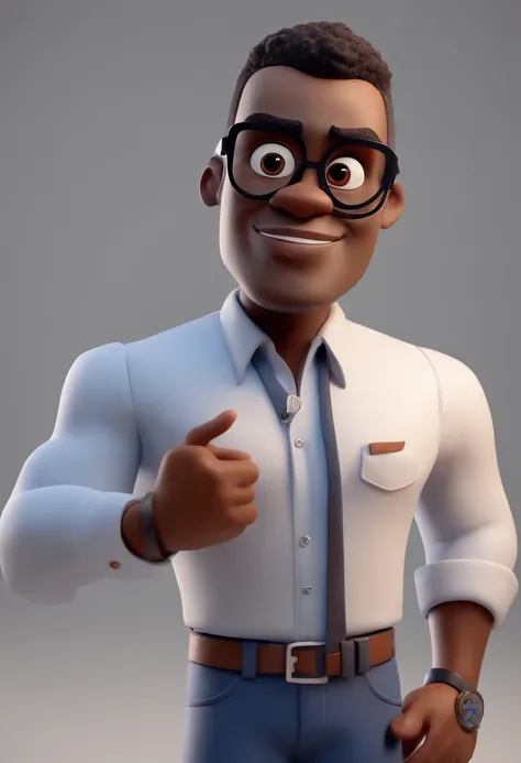 Cartoon character of a black man wearing transparent glasses and a blue shirt, um personagem animado, Caractere estilizado, animation style rendering, 3D estilizado, Arnold Maya render, 3 d render stylized, toon render keyshot, Personagem 3D, Personagem 3D...