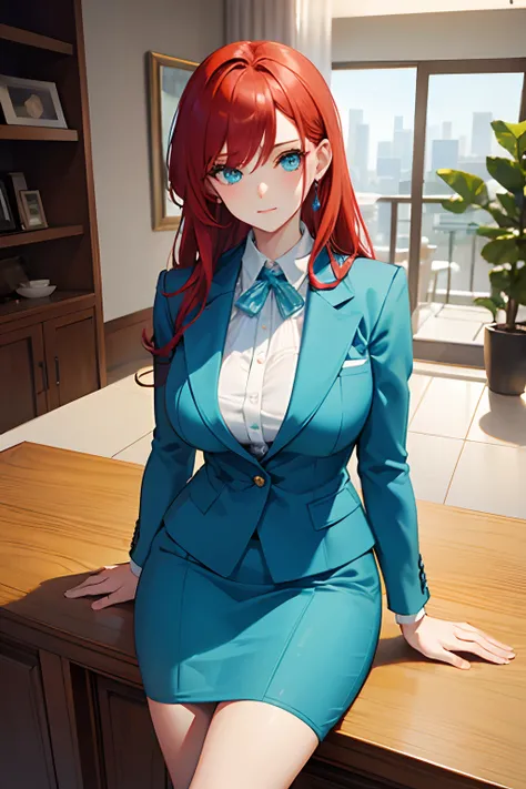 (Masterpiece, Best Quality)Cyan eyes,redhead hair,Curvy shapes,business suit