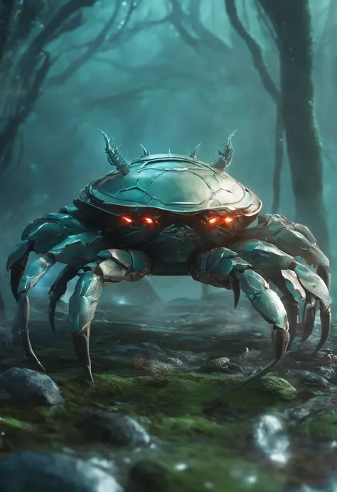 （A giant crab in the mist stands in front of the wizard）， giant crab,   a creature 5 meters tall, The shell of a giant crab is dark green, flat, Wide oval, Shiny, Very hard and smooth. The crust has a thick texture，It is resistant to all kinds of environme...