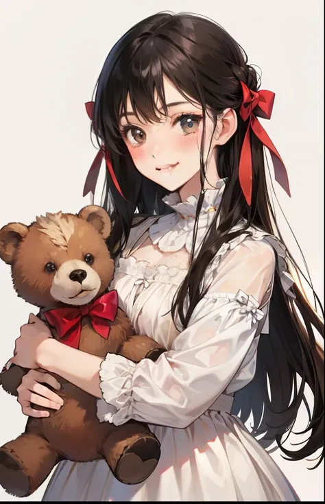 girl with、Background white、without background、A dark-haired、The long-haired、with blush cheeks、Embarrassing、Brown dress、Onepiece、Have a stuffed brown bear、Stuffed bear、frilld、bow ribbon、Smiling、kawaii、without background