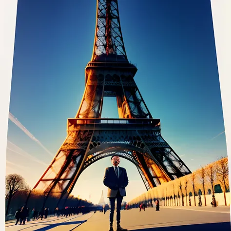 Emmanuel Macron shouting in front of the Eiffel Tower