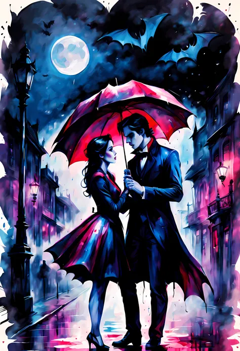 Colorsplash, (side view:1.3), (rainy:1.2) starry moonlit night, a (noble vampire love couple) under a big umbrella with rosy print, ((gothic street background)), ((bats)), Bloodborne vibes