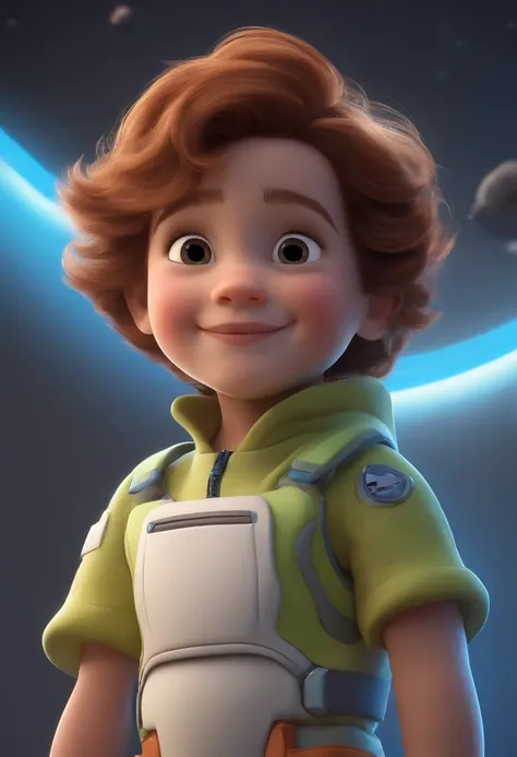 a happy cute kid standing short hair, vestindo uma fantasia espacial, , fundo branco, barnet, toon, estilo pixar, 3d, desenhos animados, rosto detalhado, asymmetrical 16k