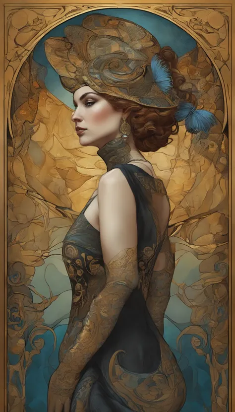 une peinture d’une femme avec une coiffe dorée et une robe noire, Mucha Klimt et Tom Bagshaw, Bel art UHD 4 K, Art numérique 4K très détaillé, Illustration numérique exquise, WLOP complexe, art nouveau! Cyberpunk! style, Art numérique détaillé 4K, Mucha st...