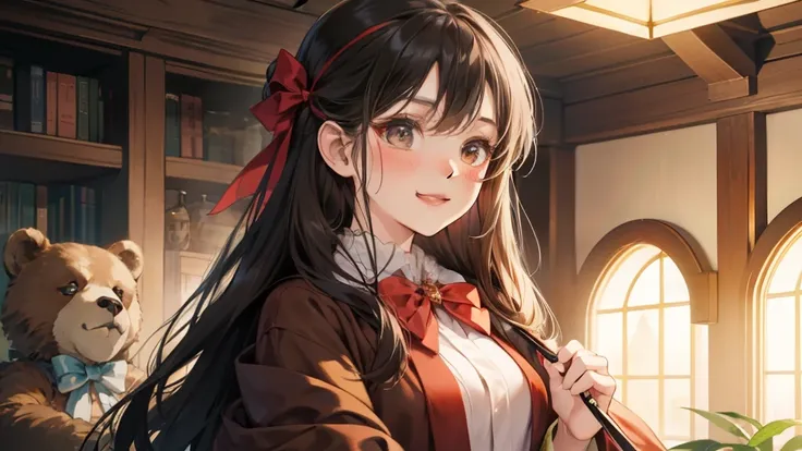 girl with、With background、A dark-haired、The long-haired、with blush cheeks、Embarrassing、brown robes、Onepiece、Keeping a stuffed brown bear、Stuffed Bear、frilld、bow ribbon、Smiling、kawaii、Boken、Warm atmosphere