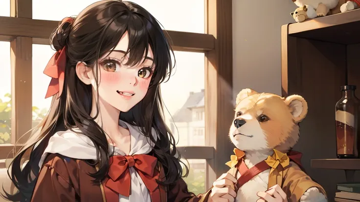 girl with、With background、A dark-haired、The long-haired、with blush cheeks、Embarrassing、brown robes、Onepiece、Keeping a stuffed brown bear、Stuffed Bear、frilld、bow ribbon、Smiling、kawaii、Boken、Warm atmosphere