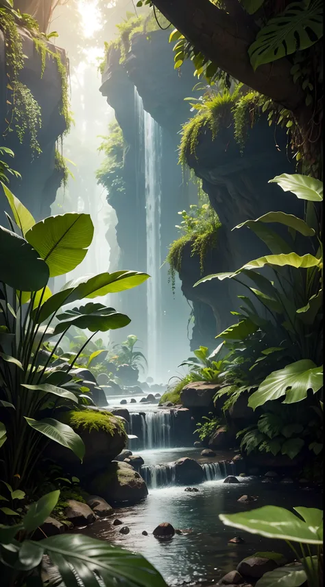 sala de jogos, Landscape, Natureza, Of a dense jungle full of exotic plants, beautiful lighting, (master part, best quality, Altas, UHD, profundidade de campo, 4k, RTX, HDR), hyper realistic, 8k UHD, DSLR, alta qualidade, Cinematic light, Amazing, ray trac...