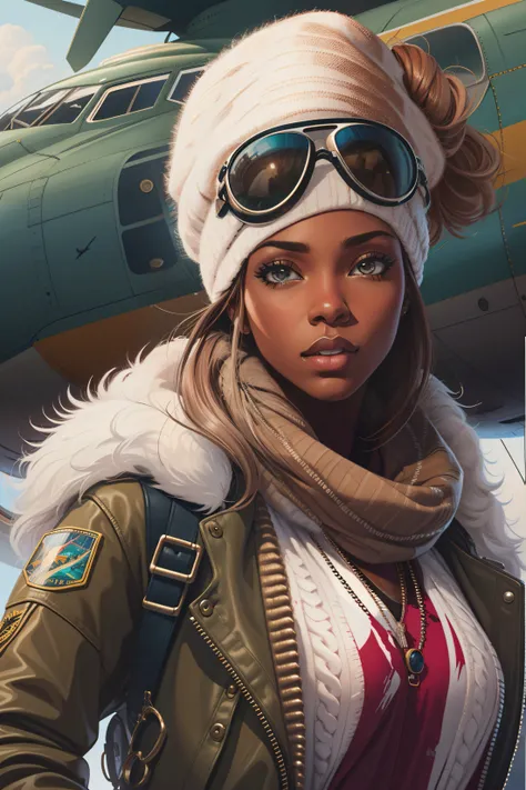 beautiful african american woman in aviator jacket, white scarf and aviator bomber hat with goggles standing next to a plane, digital painting, digital illustration, extreme detail, digital art, 4k, ultra hd. her skin is a deep, rich color and her hair is ...