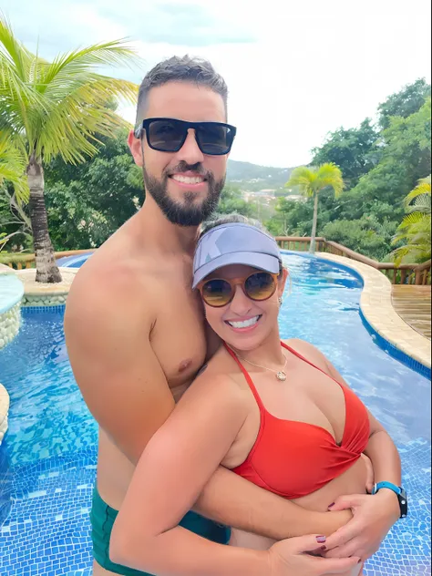 there is a man and woman standing next to a pool, vacation photo, profile image, karla ortiz, paradise in the background, 4 k post, 4k post, 30-year-old woman from cuba, puerto rico, next to a pool, 30 years old woman, 3D cartoon Pixar style