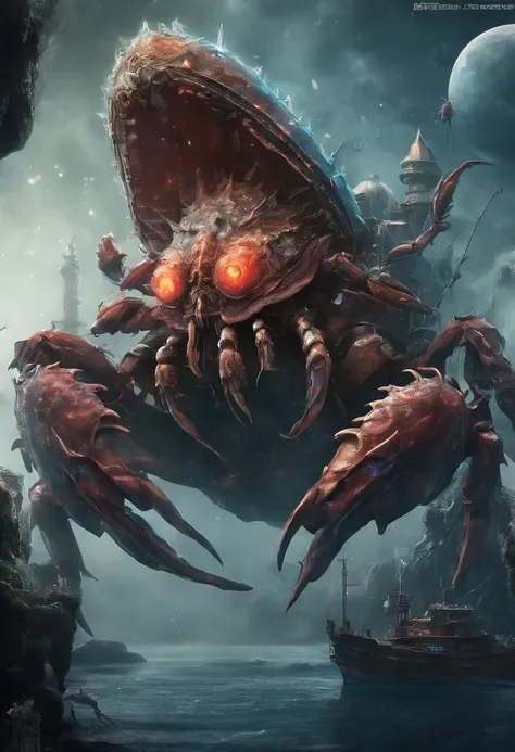 （A giant crab in the mist stands in front of the wizard）， giant crab,   a creature 5 meters tall, The shell of a giant crab is dark green, flat, Wide oval, Shiny, Very hard and smooth. The crust has a thick texture，It is resistant to all kinds of environme...