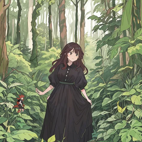 An Arad woman in a black dress stands in the forest, in front of a forest background, standing in the forrest, at a forest, in the middle of nature, Standing in the forest, in deep forest, In a forest, standing in forest, in forest jungle, in jungle forest...