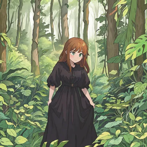 An Arad woman in a black dress stands in the forest, in front of a forest background, standing in the forrest, at a forest, in the middle of nature, Standing in the forest, in deep forest, In a forest, standing in forest, in forest jungle, in jungle forest...