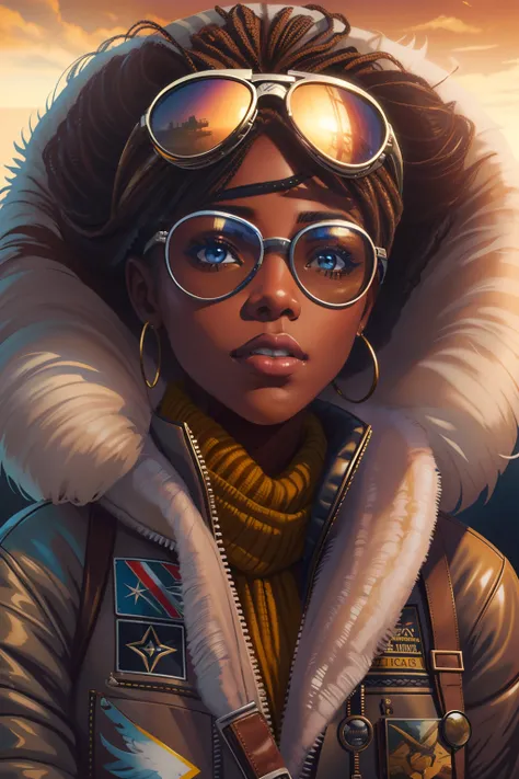 beautiful african american woman in aviator jacket, white scarf and aviator bomber hat with goggles standing next to a plane, digital painting, digital illustration, extreme detail, digital art, 4k, ultra hd. her skin is a deep, rich color and her hair is ...