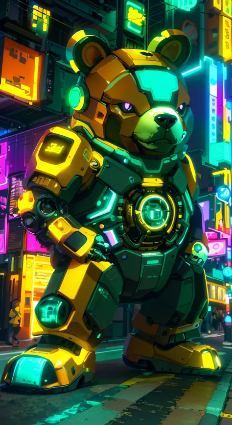 A simple and cute mechanical bear in the middle of the road, Bold colors and patterns, Eye-catching shoes, with dynamism, cyberpunk city landscape, skyscrapper, Neon signs, LED lights, Bright and vivid color scheme, anime, Detailed mechanical textures, Int...