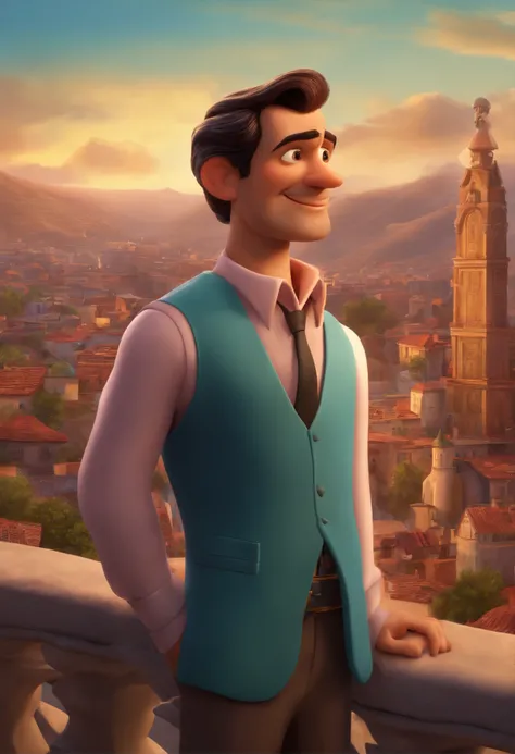 A city councilman looking at a dream project inspired by Pixar animation, de perto. The character takes center stage with captivating facial expressions, oferecendo um toque de irrealidade