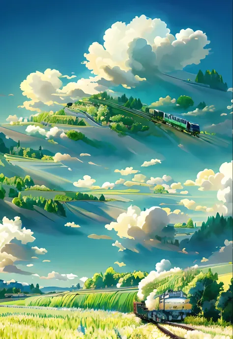 there is a train that is going down the tracks in the field, anime countryside landscape, made of tree and fantasy valley, scenery art detailed, beautifull puffy clouds. anime, detailed scenery —width 672, anime landscape wallpaper, anime landscape, studio...