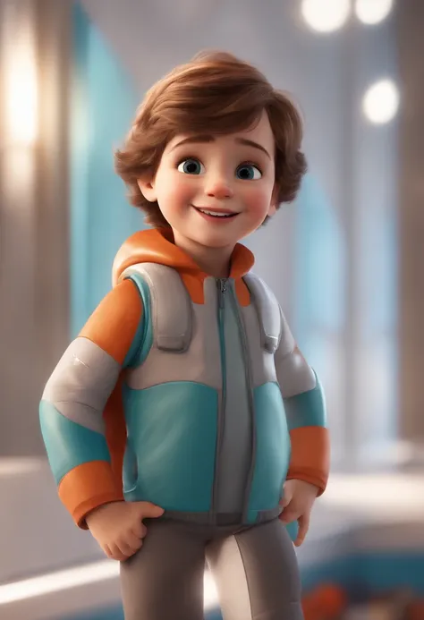 a happy cute kid standing short hair, vestindo uma fantasia espacial, , fundo branco, barnet, tom, Estilo Pixar, ..3d, desenhos animados, rosto detalhado, asymmetrical 16k