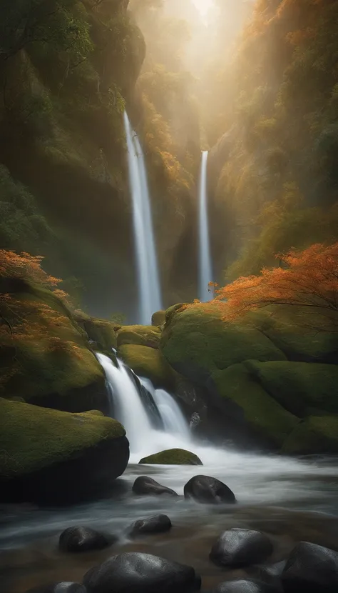 um penhasco com vista para uma cachoeira, several arch-shaped stones at the top, Pintura fosca 8k, pintura fosca 8K, papel de parede vertical 8K, papel de parede vertical 8K, papel de parede vertical 4K, papel de parede vertical 4K, Lost series, realistic ...