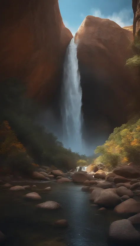 um penhasco com vista para uma cachoeira, several arch-shaped stones at the top, Pintura fosca 8k, pintura fosca 8K, papel de parede vertical 8K, papel de parede vertical 8K, papel de parede vertical 4K, papel de parede vertical 4K, Lost series, realistic ...