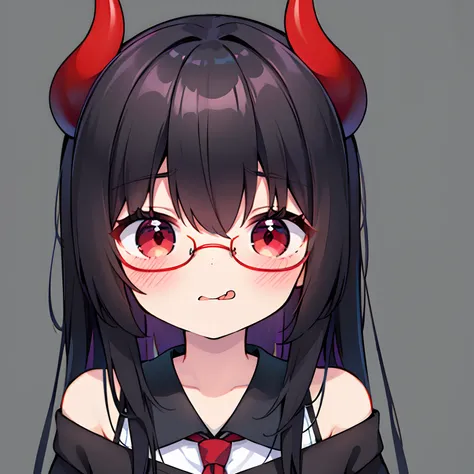 "anime girl, 1 person, black hair, shoulder-length hair, red eyes, glasses, white horns, wearing womens shirt, tie, school clothing,licking lips, small black wings on back,solo,front view, (full HD 4K+ image)"