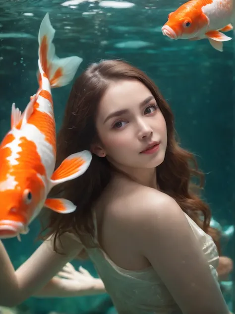 1girl, underwater diving, flowing hair, expressive eyes, looking at the camera, floating hair, full body shot, 1 giant koi fish, bubbles, underwater scene, sunlight refraction, dingdall effect, 8K, ultra-detailed, best quality, masterpiece:1.2, photorealis...