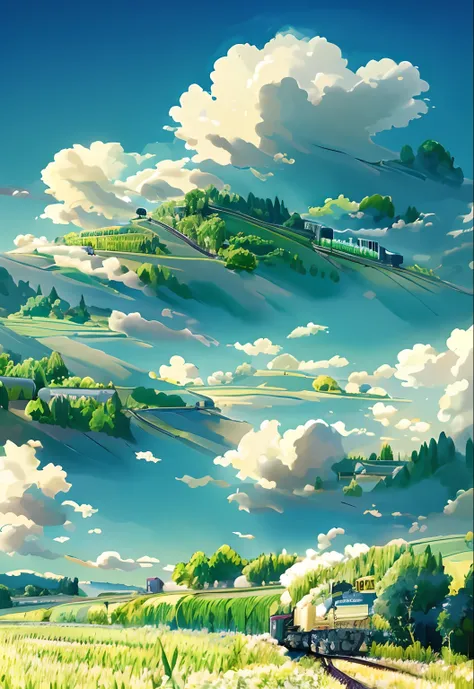 there is a train that is going down the tracks in the field, anime countryside landscape, made of tree and fantasy valley, scenery art detailed, beautifull puffy clouds. anime, detailed scenery —width 672, anime landscape wallpaper, anime landscape, studio...