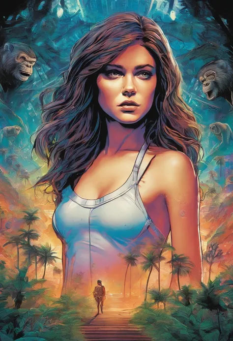 In the spirit of Planet of Apes, a masterpiece, hyper-detailed, image of a young (20 years old) Nude Woman modeled on Maisie Williams, Nude, with long unkept hair, physically fit body, perfect face with perfect eyes, running in terror through a lush temper...