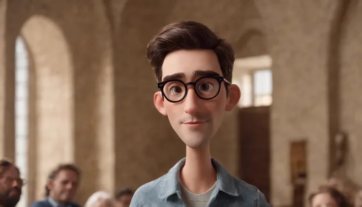 A Dream Architect Inspired by Pixar Animation, de perto. The character takes center stage with captivating facial expressions, oferecendo um toque de irrealidade, of black glasses, cabelos Pretos e barba.