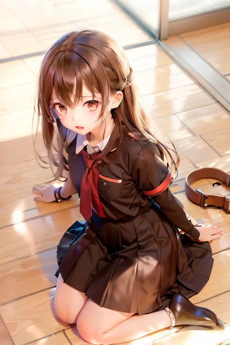 Shy 6 year old anime girl sitting on the ground，legs crossed, Surrealism female students, Surrealism female students, the anime girl is crouching, Smooth anime CG art, anime moe art style, Cute anime girl, Realistic schoolgirl, anime visual of a cute girl,...