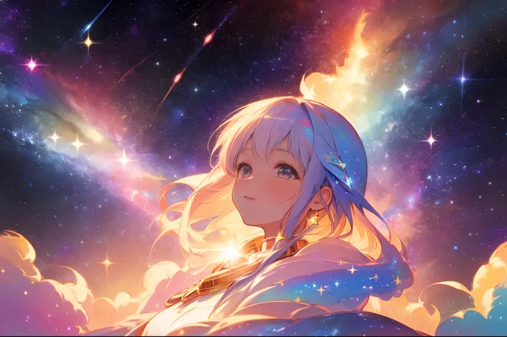 High detail, Super detail, Super high resolution, The girl enjoys her time in the fantasy galaxy, Surrounded by stars, Warm light shines on her, The background is the starry sky with colorful galaxies and galactic clouds, Stars flew around her, Delicate fa...