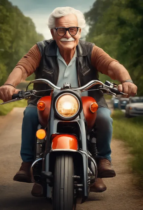 a 3D Disney Pixar poster of an elderly man with glasses, pilotando uma Harley Davidson 883 em uma viagem de moto. (altamente detalhado:1.2), Realistic depiction of a senior man with glasses, entusiasta do motociclismo, with great attention to facial expres...