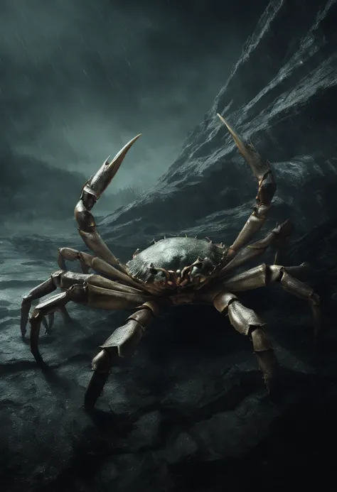 （A giant crab in the mist stares from the air at a man who asks for help），（a creature 5 meters tall:1.0）， （giant crab：1.37, ） , The shell of the giant crab is dark green, flat, Wide oval, Shiny, Very hard and smooth. The crust has a thick texture， （Huge gr...