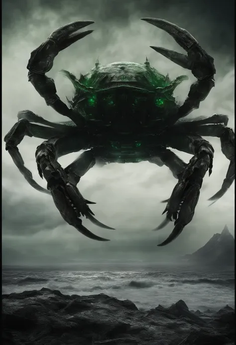 （A giant crab in the mist stares from the air at a man who asks for help），（a creature 5 meters tall:1.0）， （giant crab：1.37, ） , The shell of the giant crab is dark green, flat, Wide oval, Shiny, Very hard and smooth. The crust has a thick texture， （Huge gr...